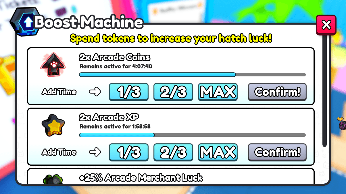 The Pet Simulator 99 Boost Machine menu showing hatch luck upgrades and timers
