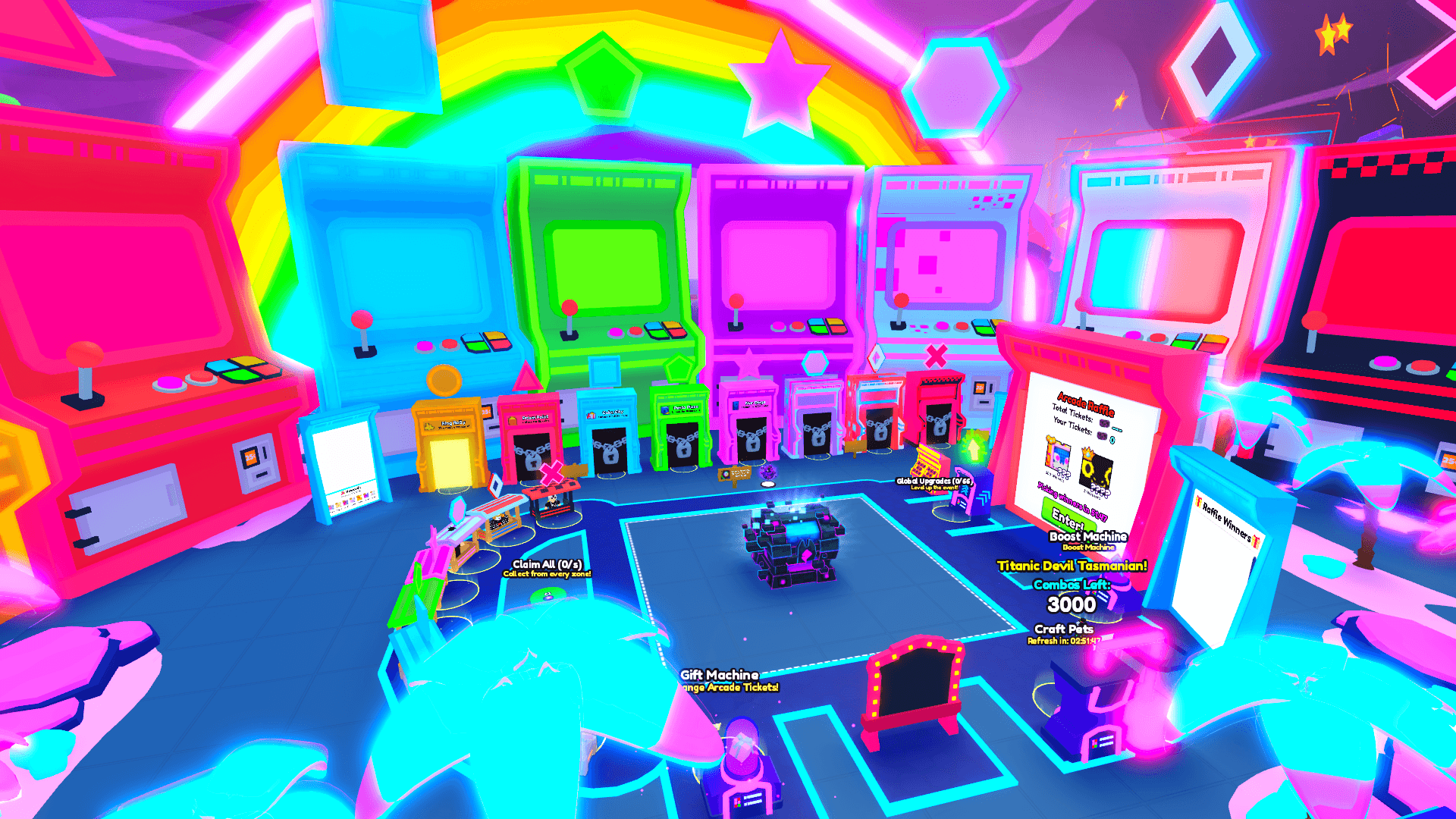 Wide view of the Pet Simulator 99 arcade hub with machines, shops and players