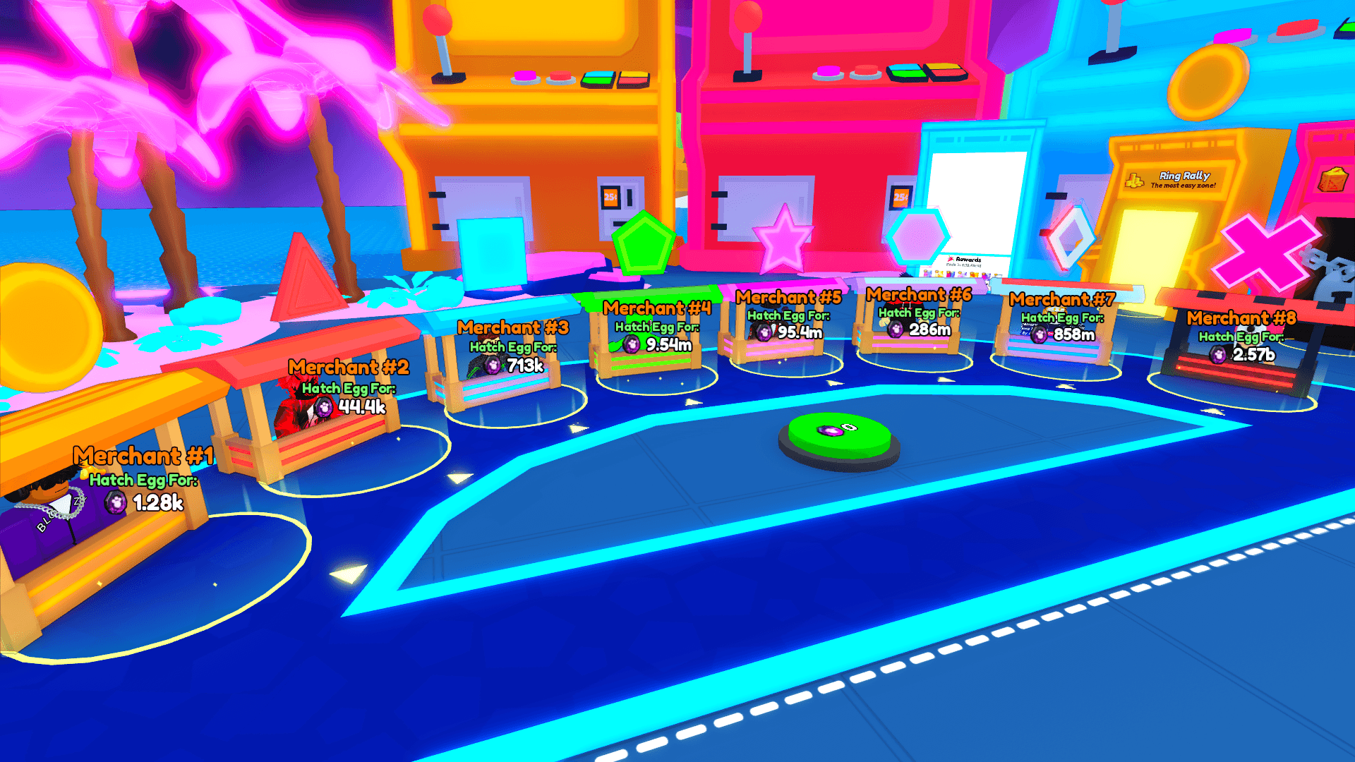 Pet Simulator 99 merchant stands in a neon arcade hub area