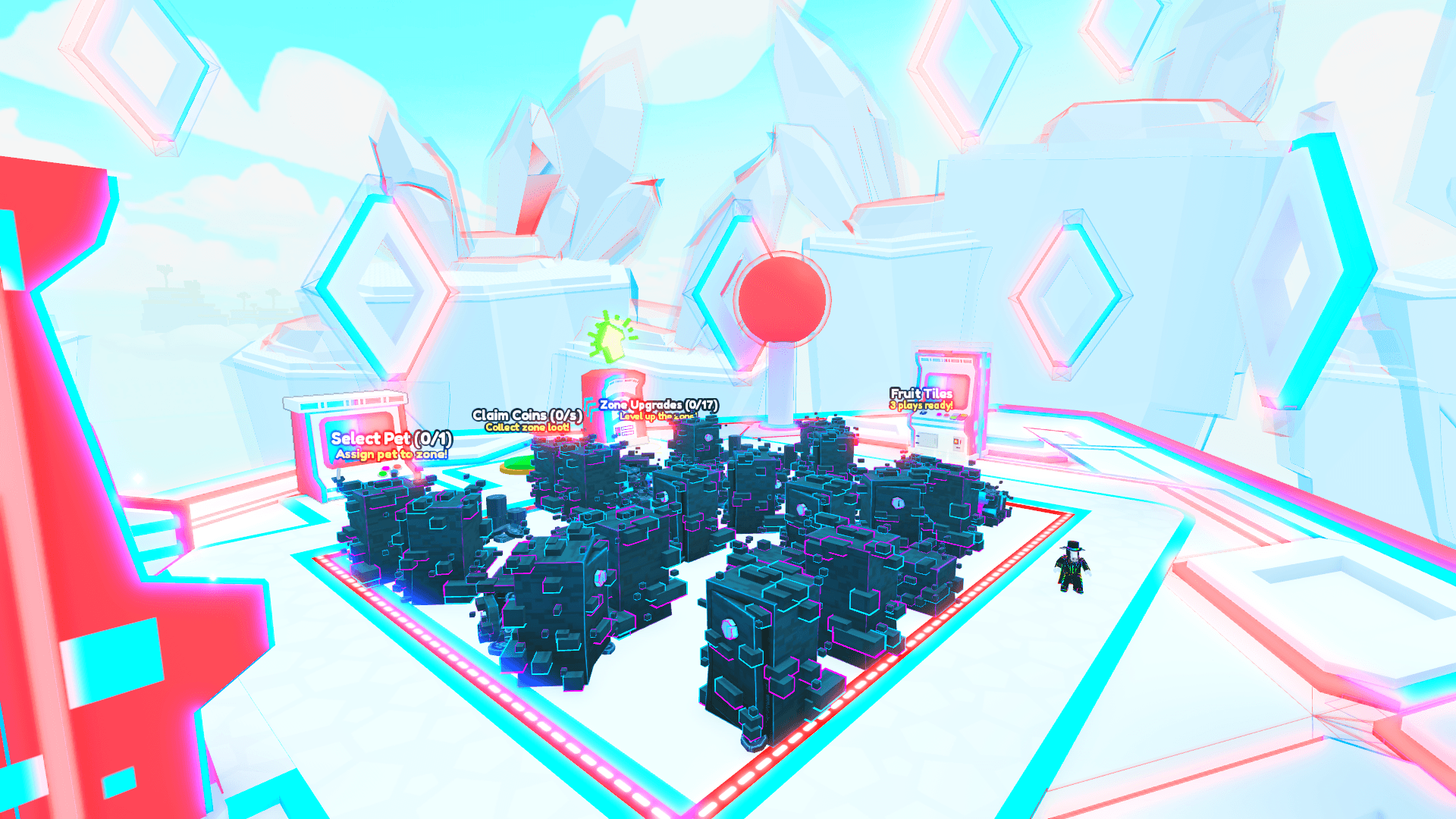 A Pet Simulator 99 arcade zone filled with breakables and pet rewards